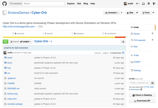 Screenshot des GitHub-Repositories mit dem Cyber Orb-Spielcode, der die Ordner und die Dateien in der Hauptstruktur auflistet.