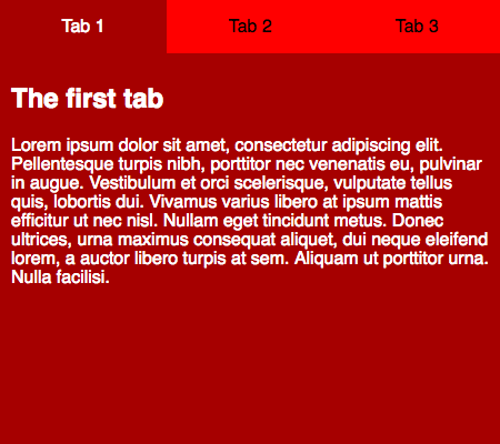 Drei-Tab-Oberfläche mit Tab 1 ausgewählt und nur sein Inhalt wird angezeigt. Die Inhalte der anderen Tabs sind versteckt. Wenn ein Tab ausgewählt wird, ändert sich die Textfarbe von schwarz zu weiß und die Hintergrundfarbe von orangerot zu sattelbraun.