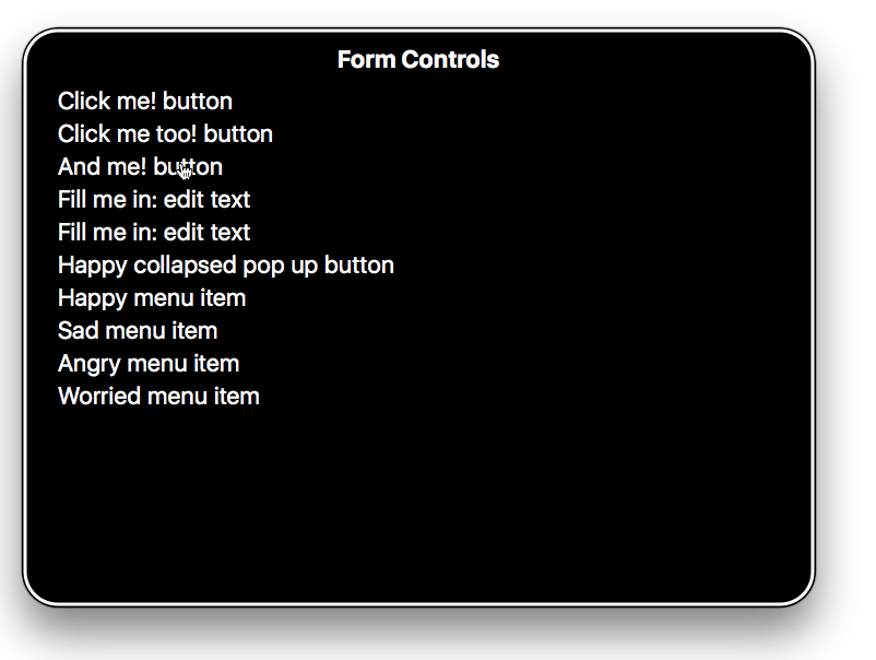 Liste von Formularbeschriftungen, die von der VoiceOver-Software auf dem Mac aufgelistet werden. Diese Liste enthält bedeutungslose Beschriftungen wie 'glückliches Menü-Button', die verschiedenen Formularsteuerelementen wie Schaltflächen, Textfeldern und Links zugewiesen sind.