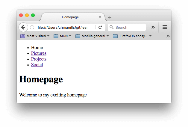 Ein Beispiel für ein einfaches HTML-Navigationsmenü mit Home-, Bilder-, Projekte- und Sozialmenü-Elementen