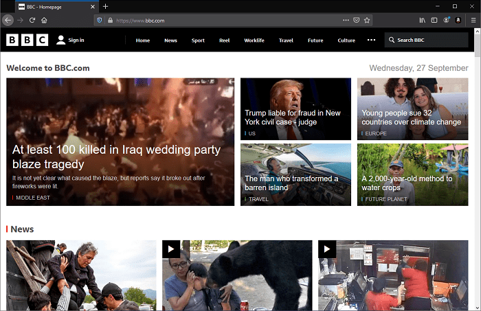 Titelseite von bbc.co.uk, die viele Nachrichtenartikel und Menüfunktionen zeigt