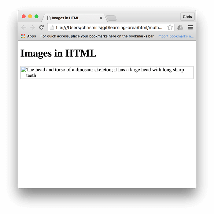 Der Titel Bilder in HTML, aber diesmal wird das Dinosaurierbild nicht angezeigt und stattdessen der Alt-Text.