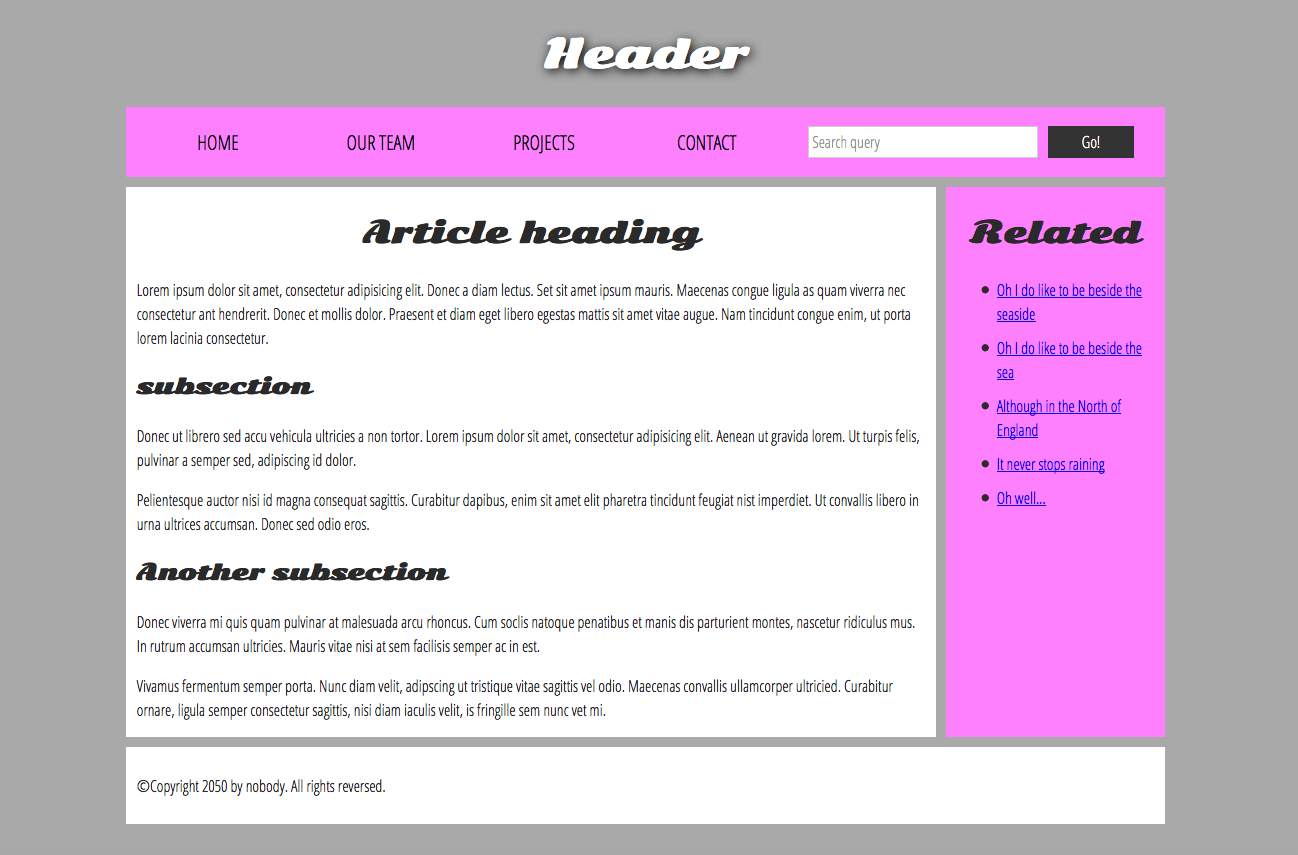 Ein einfaches Website-Strukturbeispiel mit einer Hauptüberschrift, einem Navigationsmenü, Hauptinhalten, einer Seitenleiste und einem Footer.