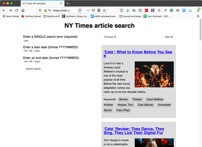Ein Screenshot einer Beispiel-Suchanfrage und Suchergebnisse, die mit der New York Article Search API abgerufen wurden.