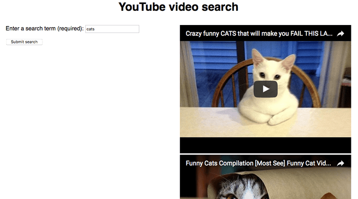 Ein Screenshot einer beispielhaften YouTube-Video-Suche mit zwei verwandten APIs. Die linke Seite des Bildes zeigt eine Beispielsuchanfrage mit der YouTube Data API. Die rechte Seite des Bildes zeigt die Suchergebnisse mit der YouTube Iframe Player API.