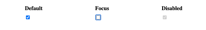 Standard-, fokussierter und deaktivierter Zustand von Kontrollkästchen in Chrome 115 auf macOS