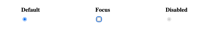 Standard-, fokussierter und deaktivierter Zustand von Optionsfeldern in Chrome 115 auf macOS