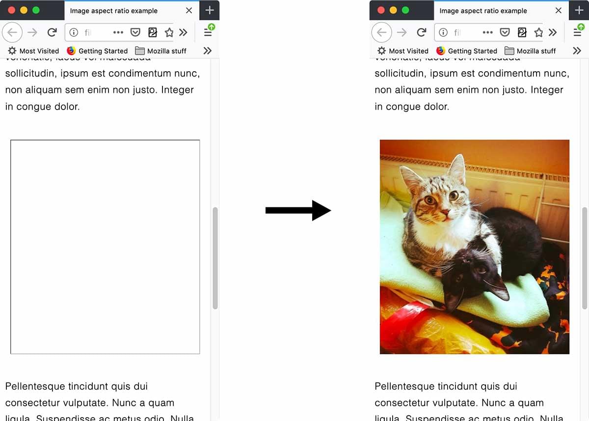 Zwei Screenshots, der erste ohne ein Bild, aber mit reserviertem Platz, der zweite zeigt das Bild, das in den reservierten Platz geladen wurde.