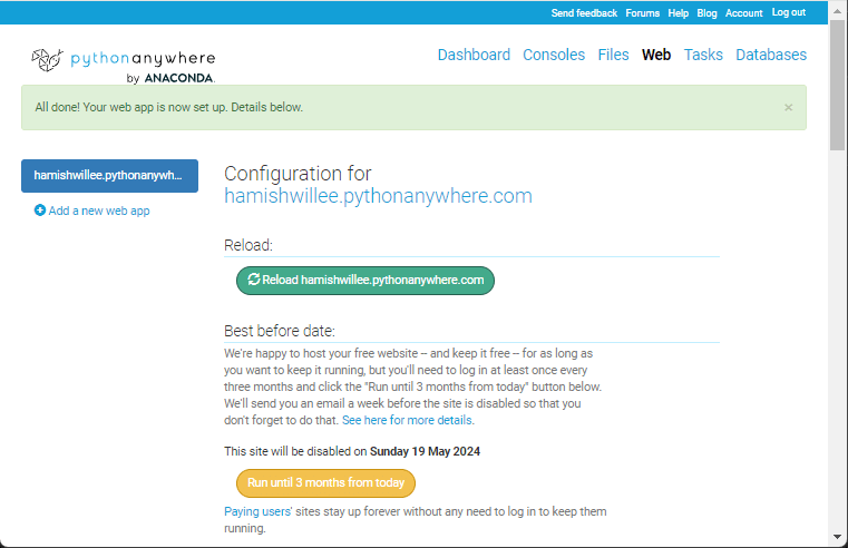 PythonAnywhere Konfigurierte Web-App