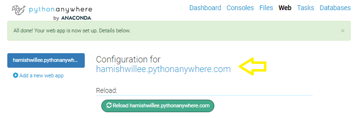PythonAnywhere Web-Screen mit dem hervorgehobenen Link, um die Site zu starten