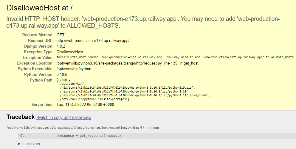 Eine detaillierte Fehlerseite mit einer vollständigen Rückverfolgung eines ungültigen HTTP_HOST Headers