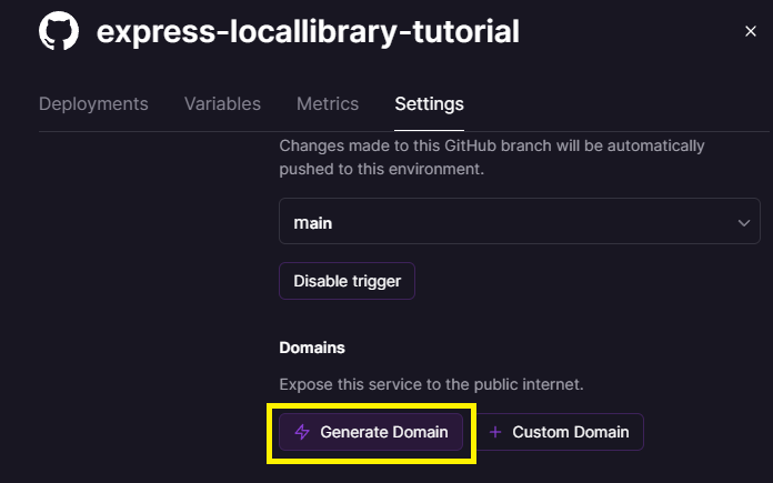 Railway Projekt Einstellungen Tab zeigt eine Schaltfläche zum Generieren einer Domain