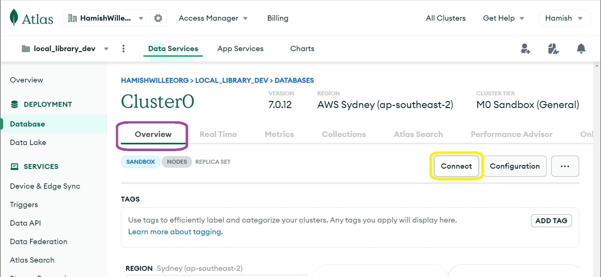 Konfigurieren Sie die Verbindung nach Einrichten eines Clusters in MongoDB Atlas.