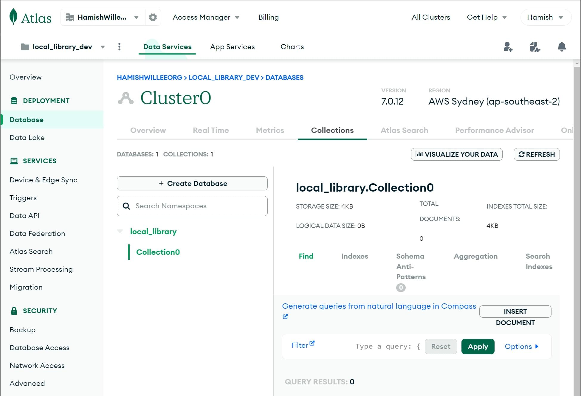 Bestätigung der Datenbankerstellung in MongoDB Atlas.