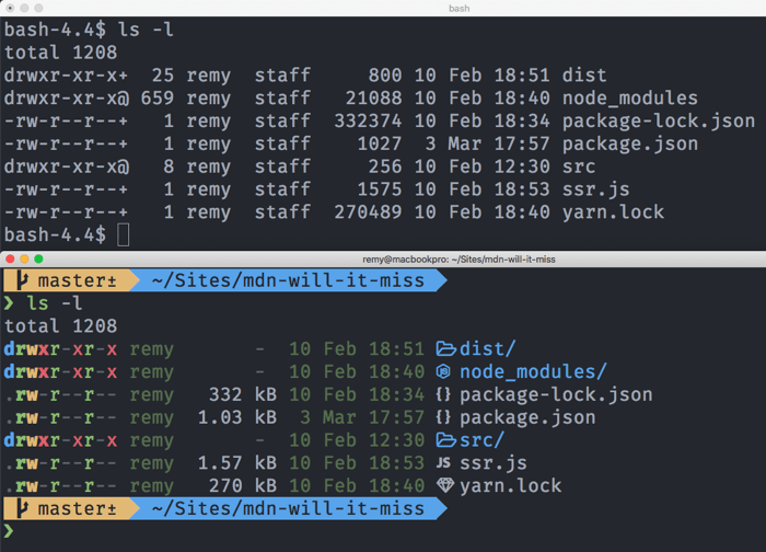 Ein standardmäßiges macOS-Terminal und ein bunteres angepasstes macOS-Terminal, die eine Dateiliste anzeigen - das Ergebnis des ls -l Befehls