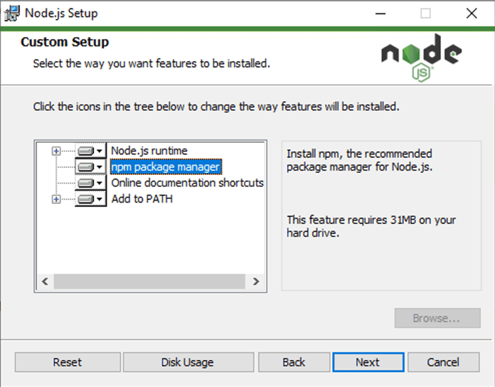 Der Node.js-Installer auf Windows mit der Option, npm einzuschließen