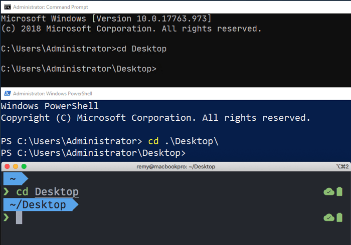 Ergebnisse des cd Desktop-Befehls, der in einer Vielzahl von Windows-Terminals ausgeführt wird - der Terminal-Standort wechselt in den Desktop