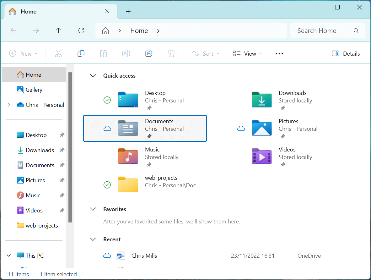 Die Windows Datei-Explorer-Anwendung zeigt den Inhalt eines typischen Home-Ordners