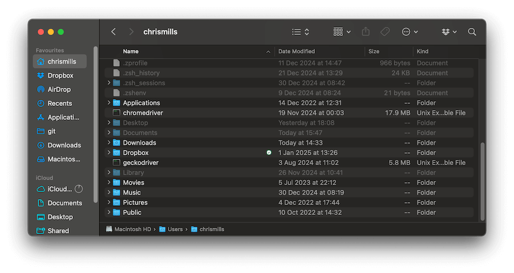 Die macOS Finder-Anwendung zeigt den Inhalt eines typischen Home-Ordners