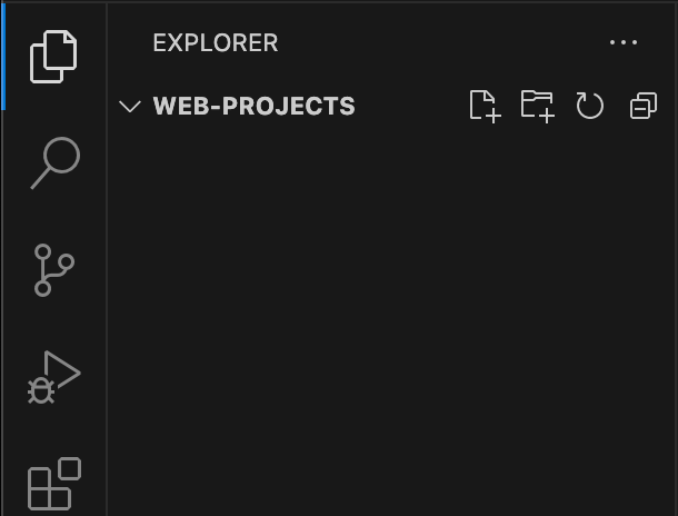 Das VS Code Explorer-Panel zeigt einen leeren Ordner namens web-projects