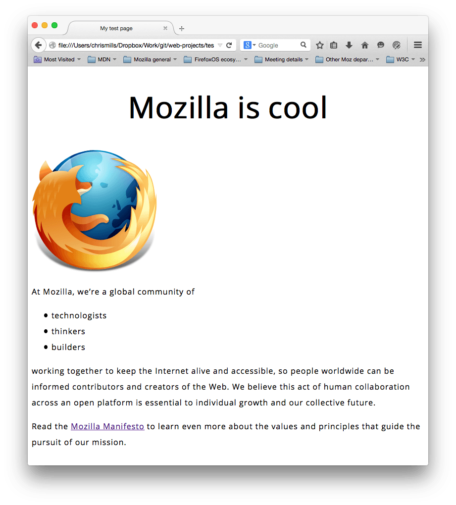 Ein Mozilla-Logo und einige Absätze. Eine serifenlose Schriftart wurde eingestellt, die Schriftgrößen, der Zeilenabstand und der Zeichenabstand wurden angepasst, und die Hauptseitentitelüberschrift wurde zentriert