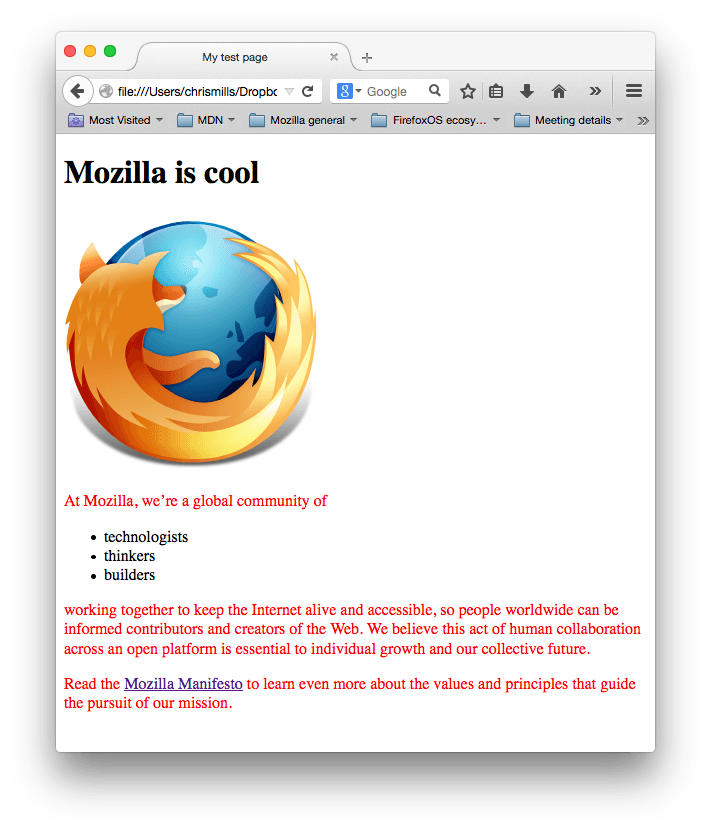 Ein Mozilla-Logo und einige Absätze. Der Absatztext wurde durch unser css rot gestylt.