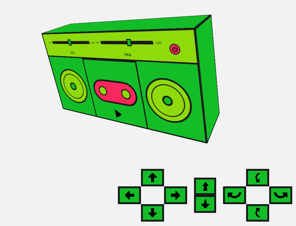 Eine einfache Benutzeroberfläche mit einer gedrehten Boombox und Steuerelementen, um sie nach links und rechts sowie hinein und hinaus zu bewegen und zu drehen.
