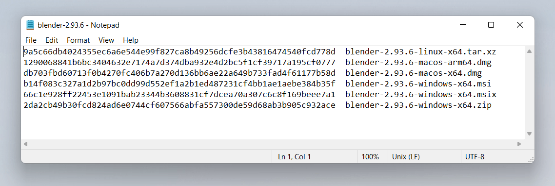 Beispiele für SHA256 aus dem Download der Software "Blender". Diese sehen aus wie 64 Hexadezimalziffern, gefolgt von einem Dateinamen wie "blender.zip"
