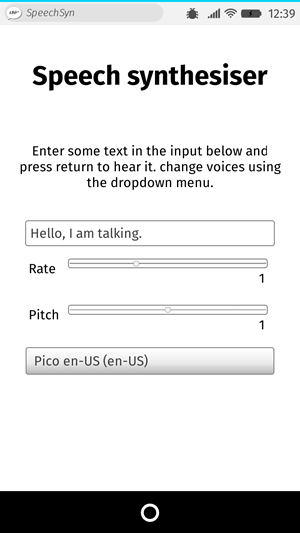 Benutzeroberfläche einer App namens Speak Easy Synthesis. Sie enthält ein Eingabefeld zur Eingabe von zu synthetisierendem Text, Schieberegler zur Änderung der Geschwindigkeit und Tonhöhe der Sprache sowie ein Dropdown-Menü zur Auswahl zwischen verschiedenen Stimmen.