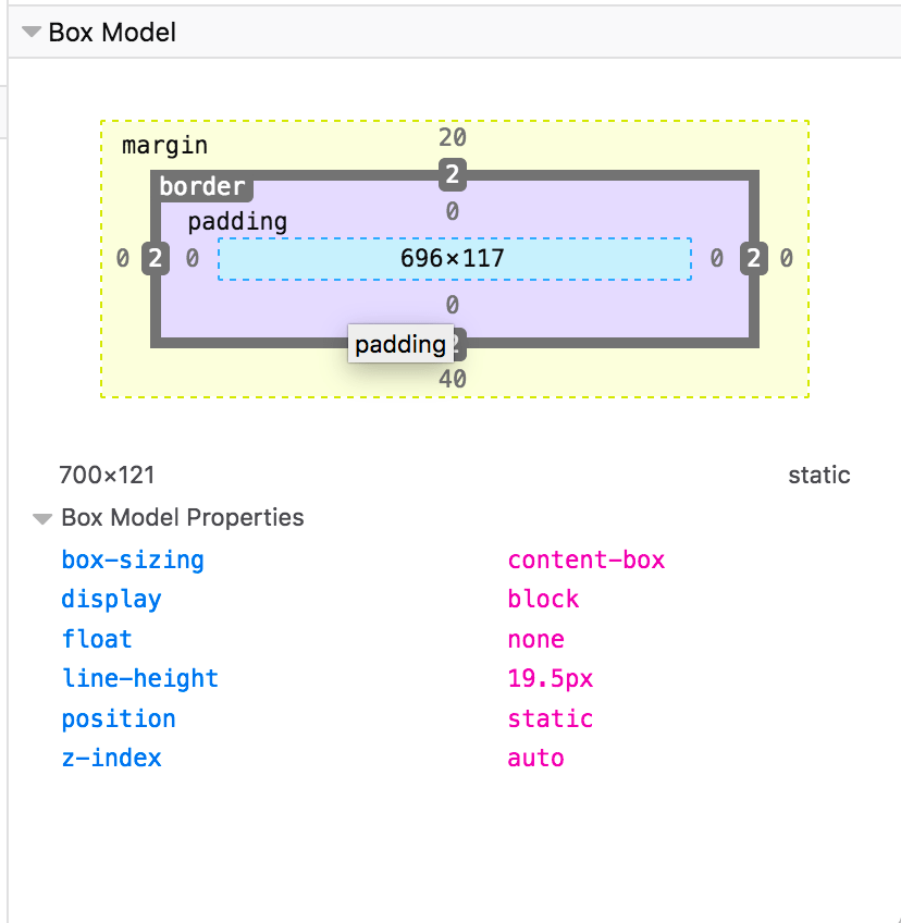 Screenshot des Boxmoduls in den Entwicklerwerkzeugen des Browsers, das die vier Werte für Abstand, Rand und Polsterung zusammen mit Höhe und Breite in einer Grafik oben zeigt und box-sizing, Darstellung, Fluss, Zeilenhöhe, Position, und z-index unter der Grafik auflistet.