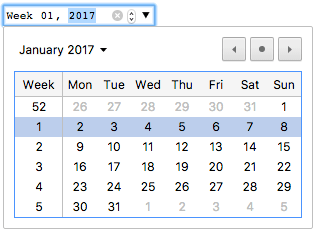 Eine Eingabe zeigt 'week 01, 2017'. Der Hintergrund des Jahres 2017 ist das gleiche Blau wie der Fokusrahmen. Es gibt 3 Symbole in der Eingabe: x oder löschen, einen Spinner mit kleinen Auf- und Abwärtspfeilen und einen größeren Abwärtspfeil. Ein Kalender erscheint als Popup unter der Eingabe, eingestellt auf Januar 2017. Die erste Spalte des Kalenders ist die Woche: 52, 1, 2, 3, 4, 5. Der volle Monatskalender ist rechts davon. Die Zeile mit Woche 1 und dem Zeitraum 2. bis 8. Januar ist hervorgehoben. Auf derselben Linie wie der Monat gibt es Schaltflächen zum Navigieren zu den nächsten und vorherigen Monaten.