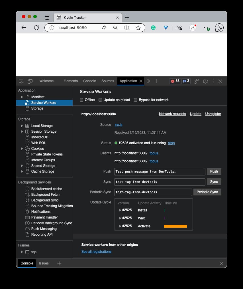 Edge Entwicklertools, die das Anwendungsfeld mit einem eingestellten Service Worker zeigen