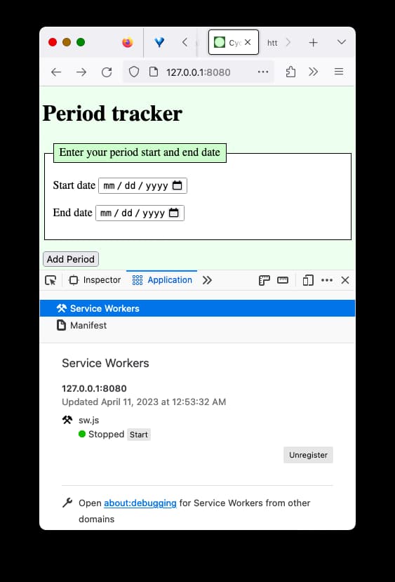 Firefox Entwicklertools Anwendungsfenster mit einem gestoppten Service Worker und einer Abmelde-Schaltfläche