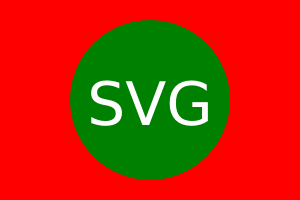 Roter Hintergrund, bestehend aus einem zentrierten grünen Kreis. Weißer Text im Kreis zentriert ist SVG.