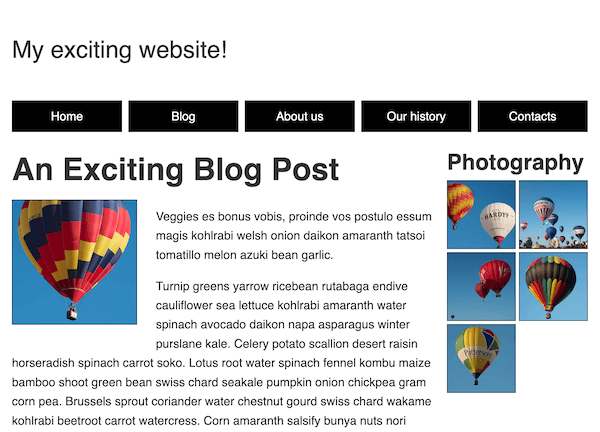 RWD タスクのウェブサイト中間レイアウトの完成例。上部にはロゴ、その下に水平ナビゲーションメニュー、続いて 2 列レイアウト(左側にテキストコンテンツ、右側に写真ギャラリー)を配置。